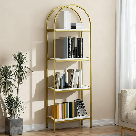 GAOMON Bookcases, 4-Tier Bookshelf, Gold Frame White Marble Shelves, 57" Storage Rack, Modern Display Shelving Unit, Arched Storage for Bedroom, Office, 60x28x146cm