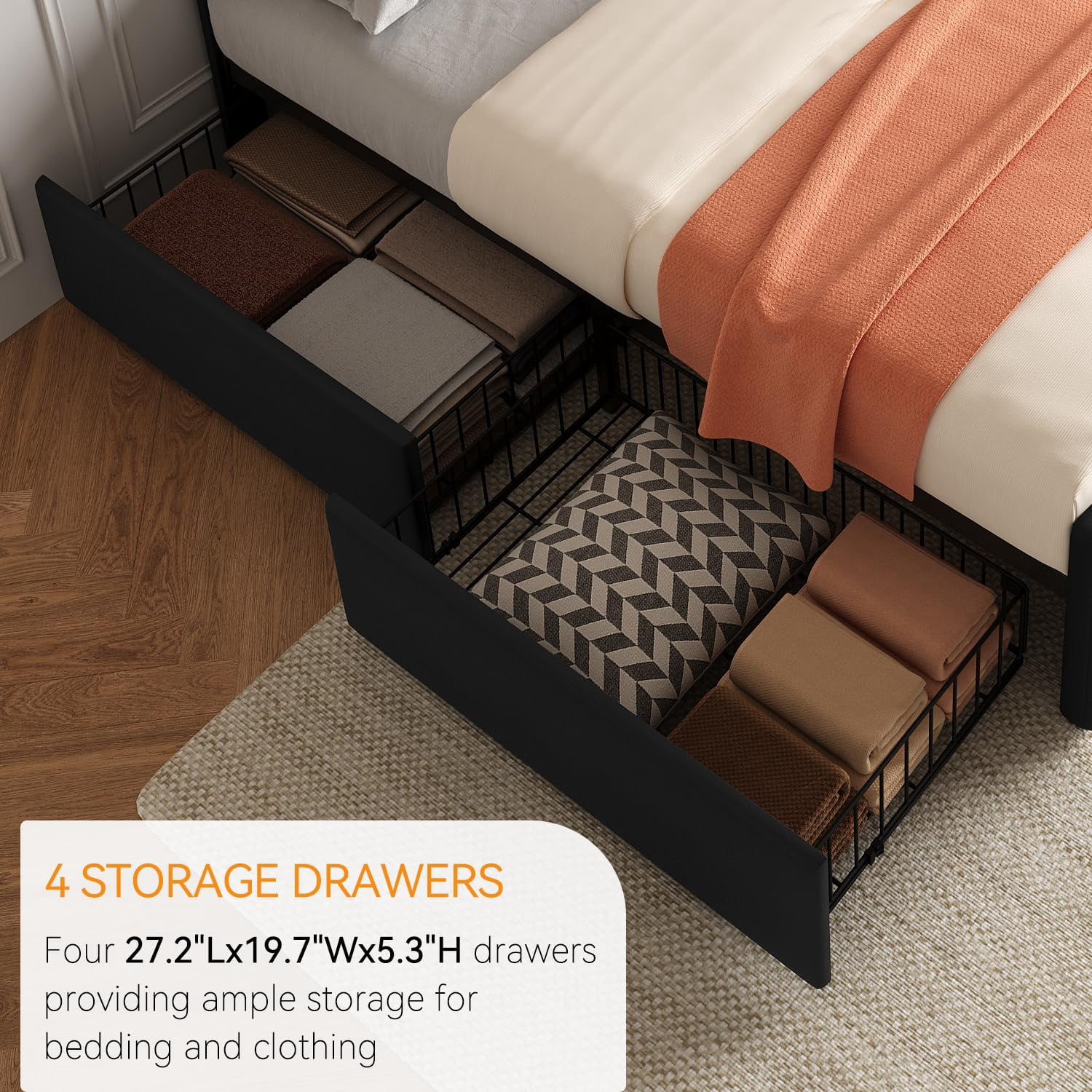 TROPOW King Size Bed Frame,with 4 Storage Drawers and Headboard, Linen Upholstered Platform Bed Frame with Wooden Slats Support, Button Tufted Design, No Box Spring Needed,Black