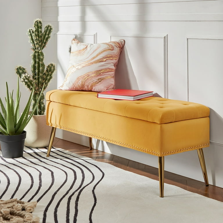 Velvet Bedroom Seat: Storage Ottoman Bench with Gold Leg