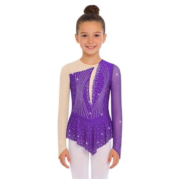 Choomomo Kids Girls Ice Figure Skating Dress Ballet Dance Skirted Leotard Dress Rhinestones Competition Outfit Purple 6