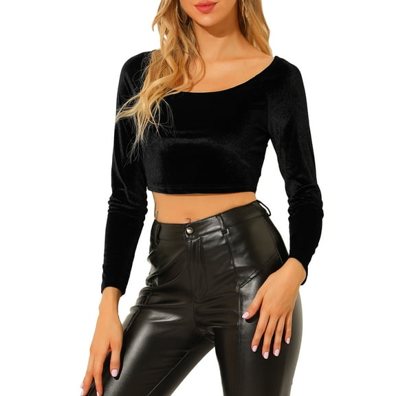 DARING DIVA Women's Velvet Long Sleeve Scoop Neck Solid Crop Top XS Black