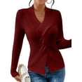 thumbnail image 2 of Sweaters for Women Fall Long Sleeve V Neck Ribbed Knit Sweater Slim Fit Solid Basic Casual Tops Wine Red S, 2 of 8