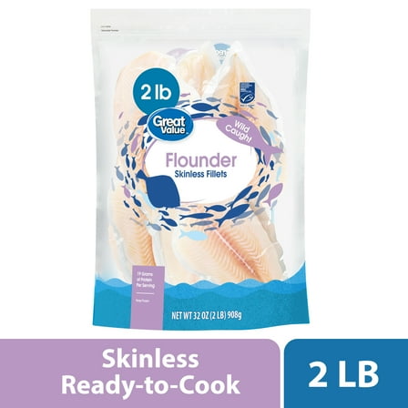 Great Value Wild Caught Flounder Skinless Fillets, 2 lb Bag (Frozen)