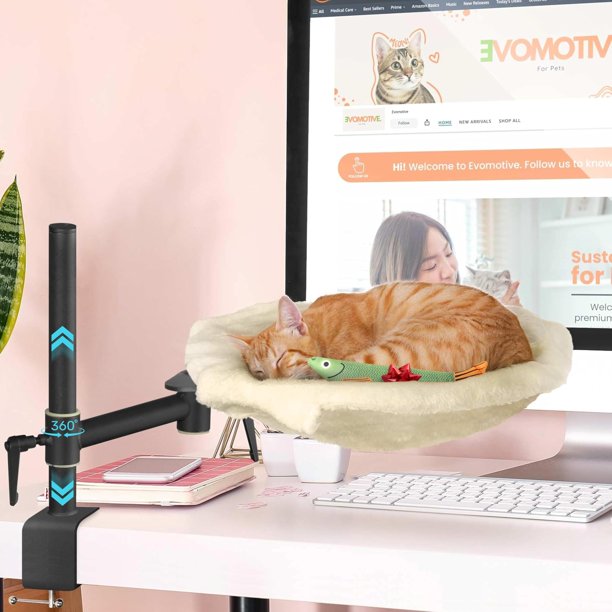 Cama de computadora para gato con 2 telas lavables malla y felpa estaciones rotación 360° altura ajustable beige peso máximo 30 libras