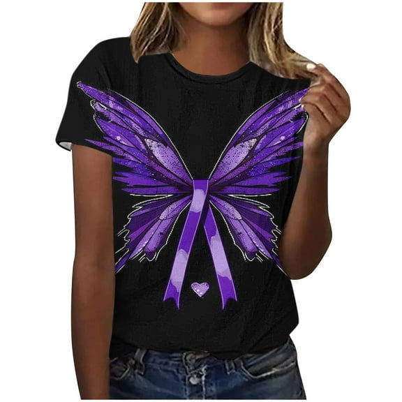 DondPO Women's T-Shirts Women's Awareness Shirt Purple Ribbon Floral Short Sleeve T Shirts Caring tops Shirts for Women Womens tops Black L