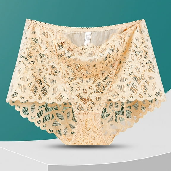 HongQid Women's Lace Underwear High Waist Hollow Breathable Seamless Briefs Plus Sized Panty Beige 2XL