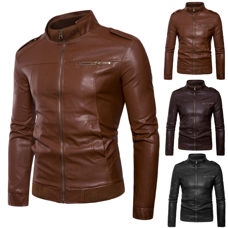 Men's Leather Jacket Black Zipper Stand Collar Slim fit Motorcycle jacket 2019 Autumn Wintter New Jacket Coat - image 5 of 5