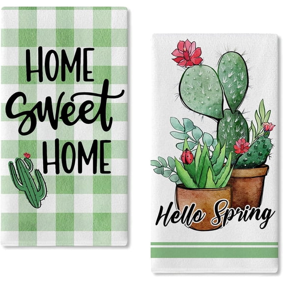 JOOCAR Hello Spring Green Plant Cactus Polyester Drying Kitchen Towels 16"x27.5" Set of 2