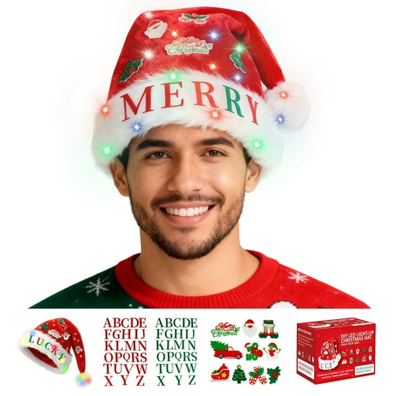 Inadays Christmas Hat with Light DIY Set with 2 Set A-Z Green and Red Patches Letters Christmas-themed Stickers for Adults Family Size