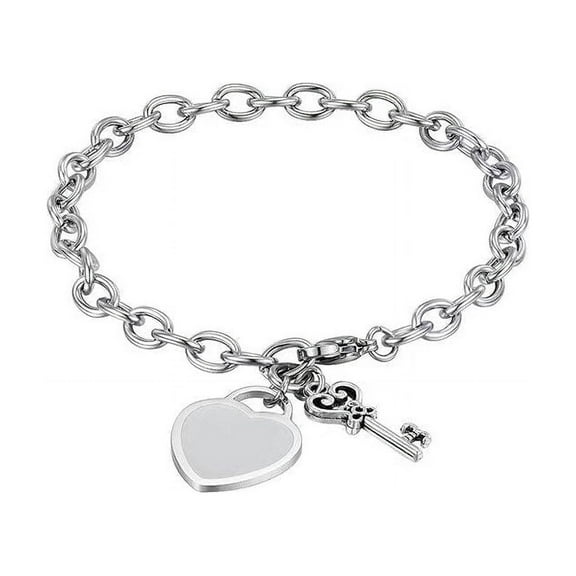 Bonjour Jewelers 18k White Gold Shiny Heart & Key Charm Toggle Bracelet Plated