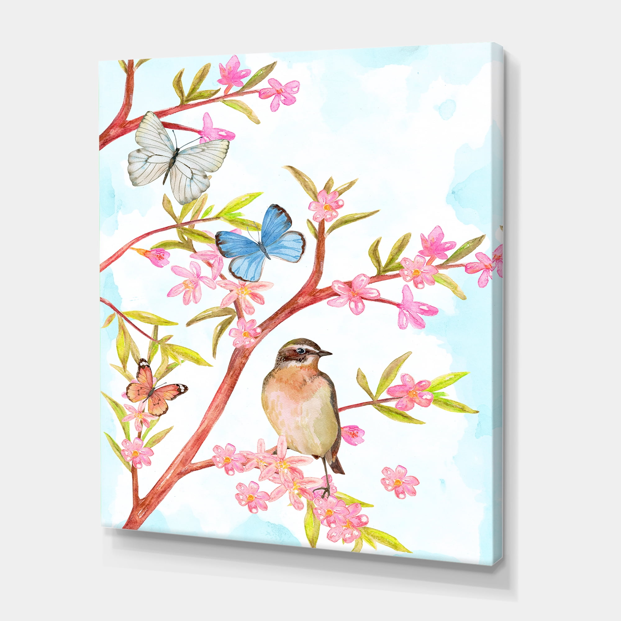 Clever Bird Sitting On Branch of A Spring Tree With Butterflies 8 in x 12 in Painting Canvas Art Print, by Designart