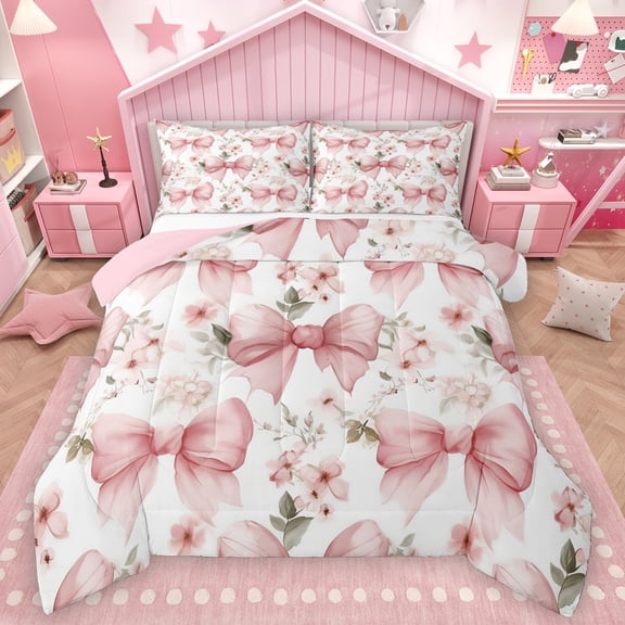 Homewish Cartoon Bowtie Ribbon Bedding Comforter Set,Rustic Flower Floral Twin Comforter Sets,Pink White Bedding Set For Girls Kids,Ultra Soft Home Decor Reversible,2pcs