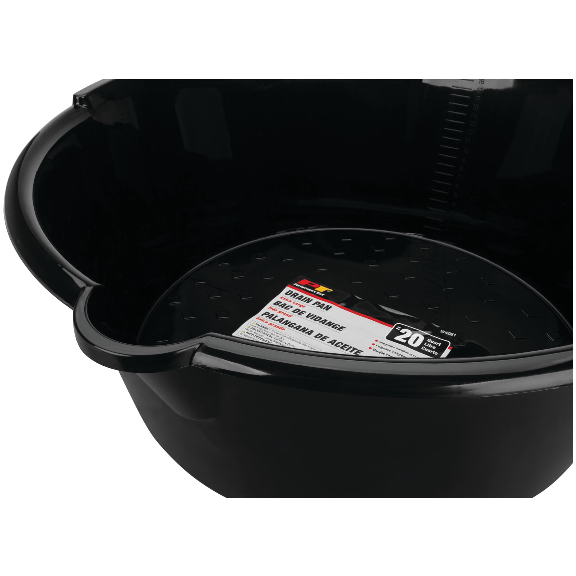 Performance Tool W4081 20 Qt. Extra Large Drain Pan, Oil Change, Transmission Fluid, ATF, Differential, High-Capacity, Reinforced Polypropylene, Side Handles, Pour Spout, Black