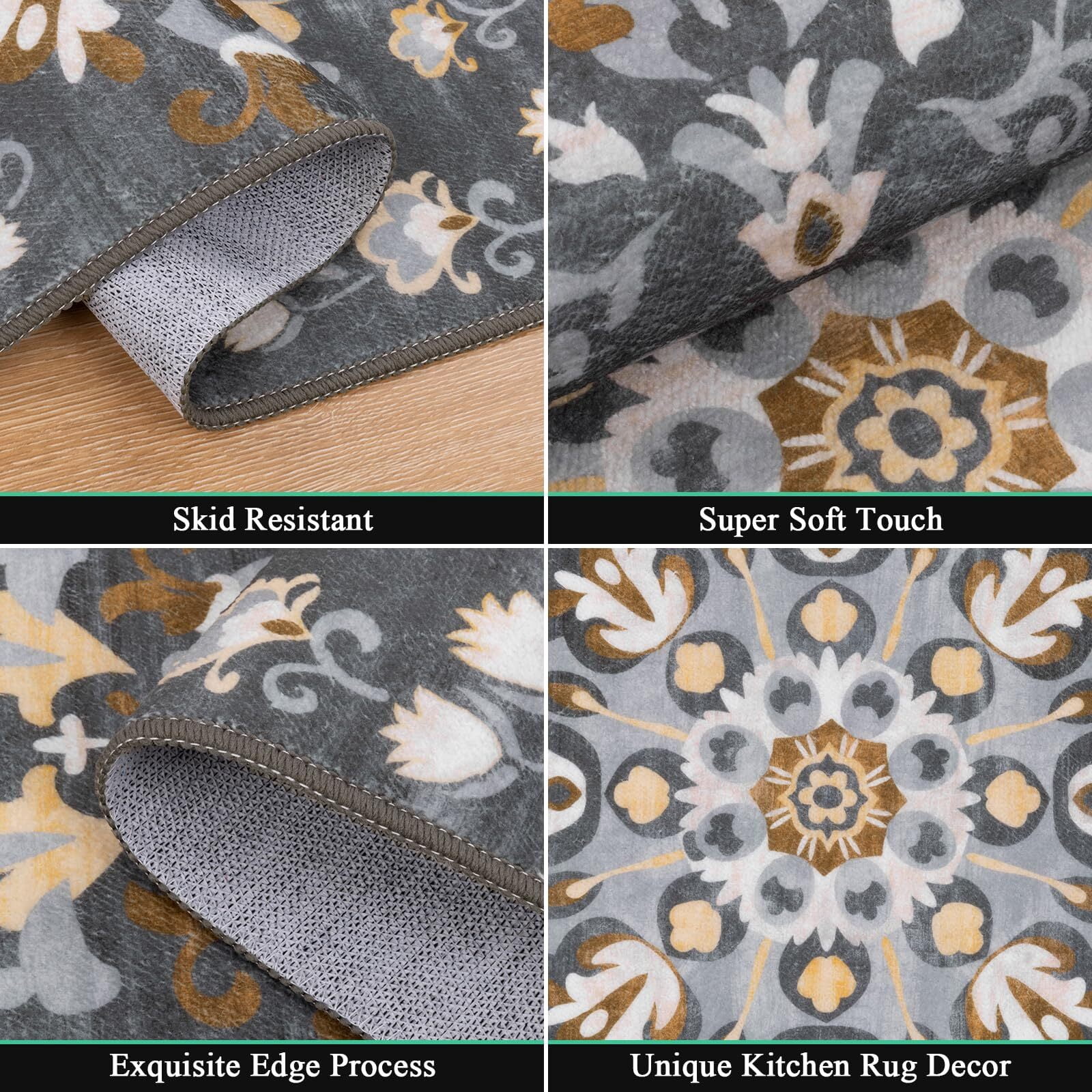 Findosom 3pcs Washable Kitchen Rug Set,Non-Slip Floral Boho Kitchen Mats Kitchen Runner Rug Floor Carpet for Hardwood Floor,Sink,Entryway,Bathroom,Home Decor,20"x32"+20"x48"+20"x59"