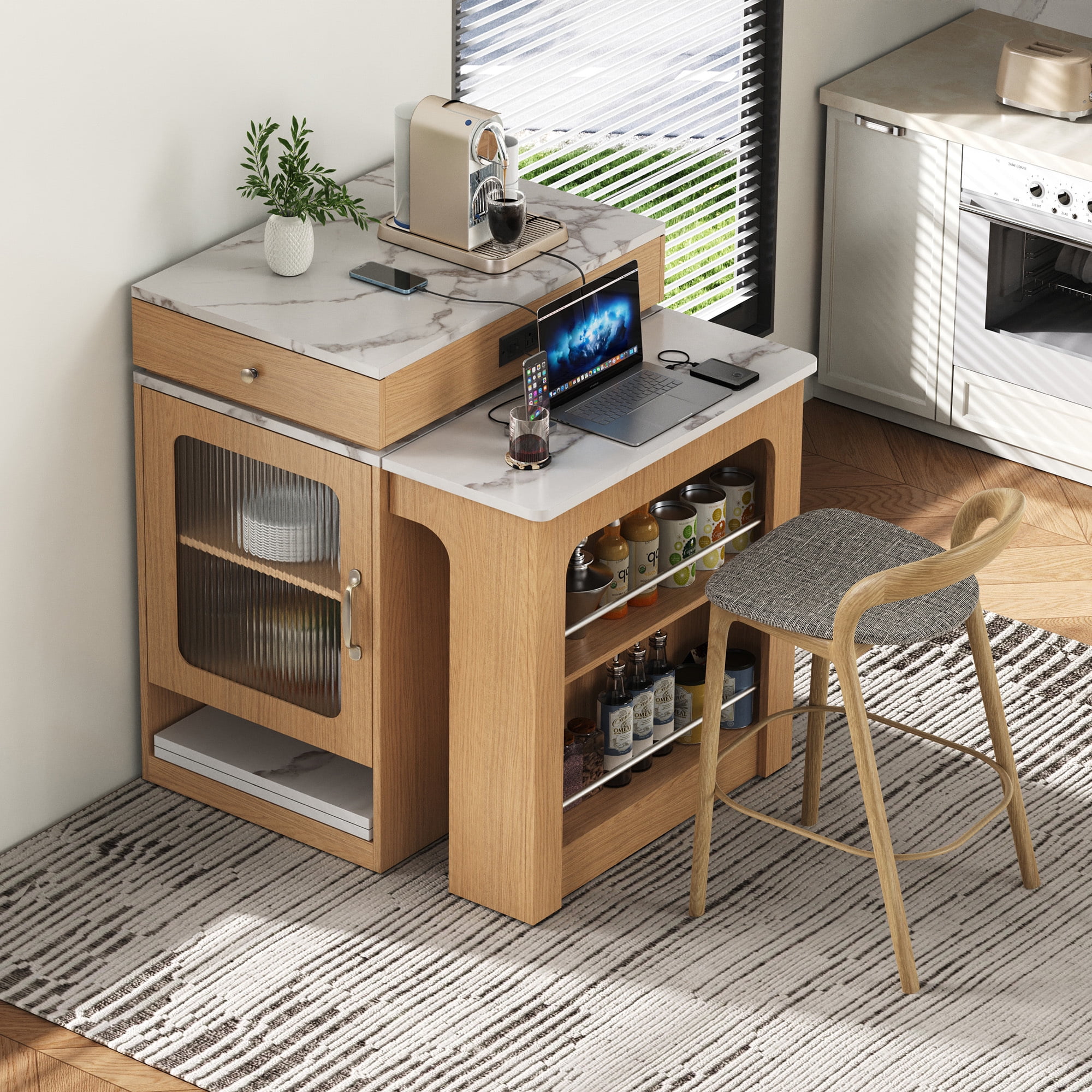 MODERNLUXE 59.5" Kitchen Island with Extendable Dining Table,Large Mobile Kitchen Storage Table with Double-sided Storage,2 Drawers, Open Shelves & Power Outlet,Rolling Islands Cart for Dining Room