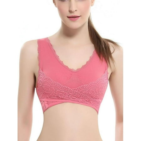 

Women Seamless Lace Plus Size Bra Cross Front Side Buckle Lounge Bra Yoga Workout Activewear Removable Padded Wide Shoulder Strap Sleep Underwear Sexy Beautiful Back Easy to Wear Sports Bra Red
