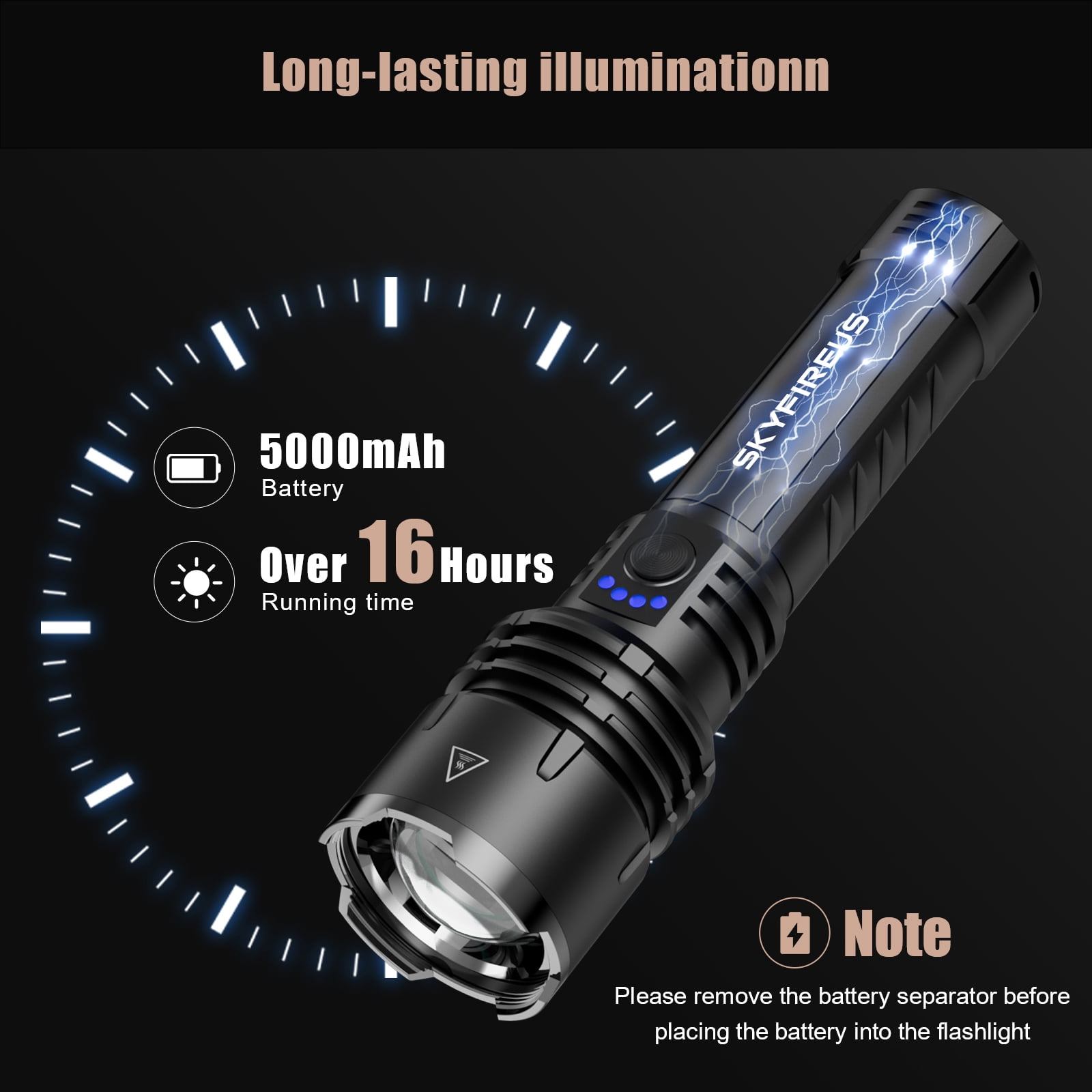 SKYFIRE XHP160 Super Bright 10000 Lumens LED Flashlight, Rechargeable 5000mAh, IP67 Waterproof, Zoomable, 5 Modes, High Power Tactical Flashlight for Camping, Hiking, Emergencies