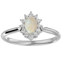 SuperJeweler 2/3 Carat Oval Shape Created Opal and Halo Diamond Ring In Sterling Silver For Women