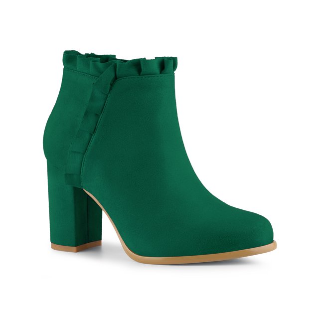 Unique Bargains Women's Ruffle Block High Heels Ankle Boots Emerald Green (Size 9.5)