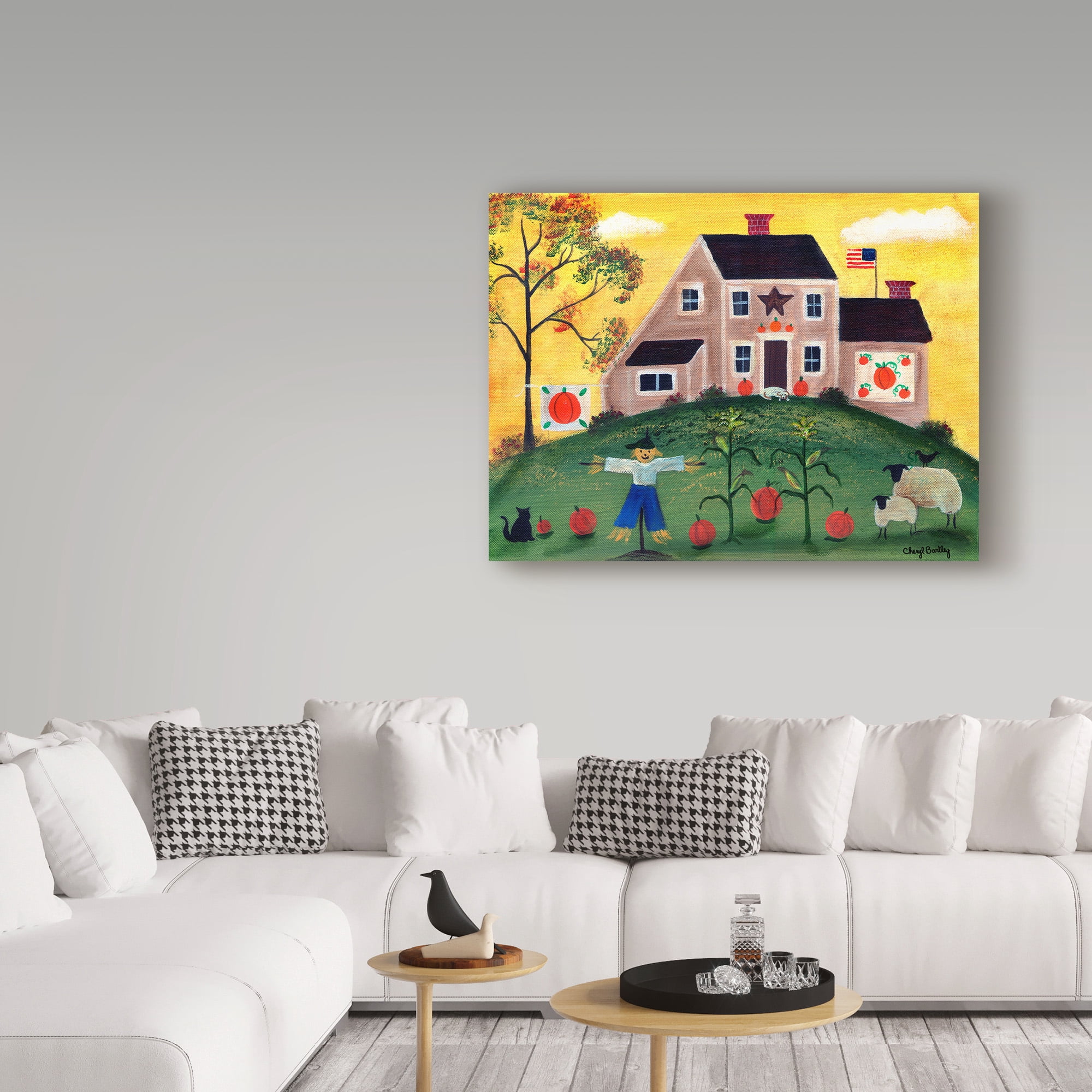 Trademark Fine Art 'Scarecrow Pumpkin Sheep' Canvas Art by Cheryl Bartley