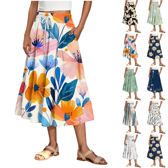 LIBRCLO Skirts for Women Midi Length A-Line Flowy Skirts with Pockets Elastic Waist Drawstring