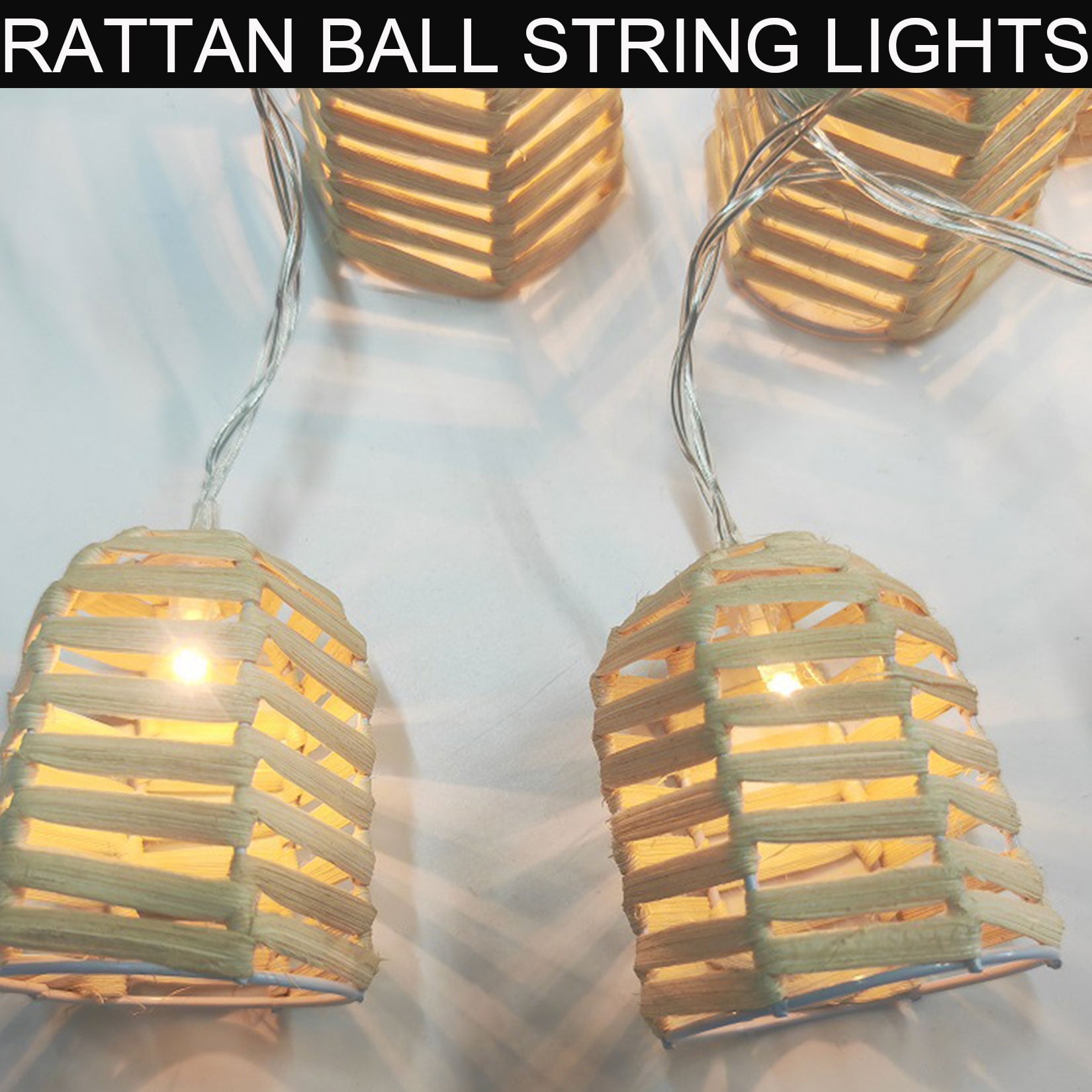 Decorative Lantern Rattan String Lights - Rattan Wire Globe Style Lantern String Lights with 10 Bell Lights, Indoor Outdoor Patio String Light for Home Pergola Porch Party Backyard