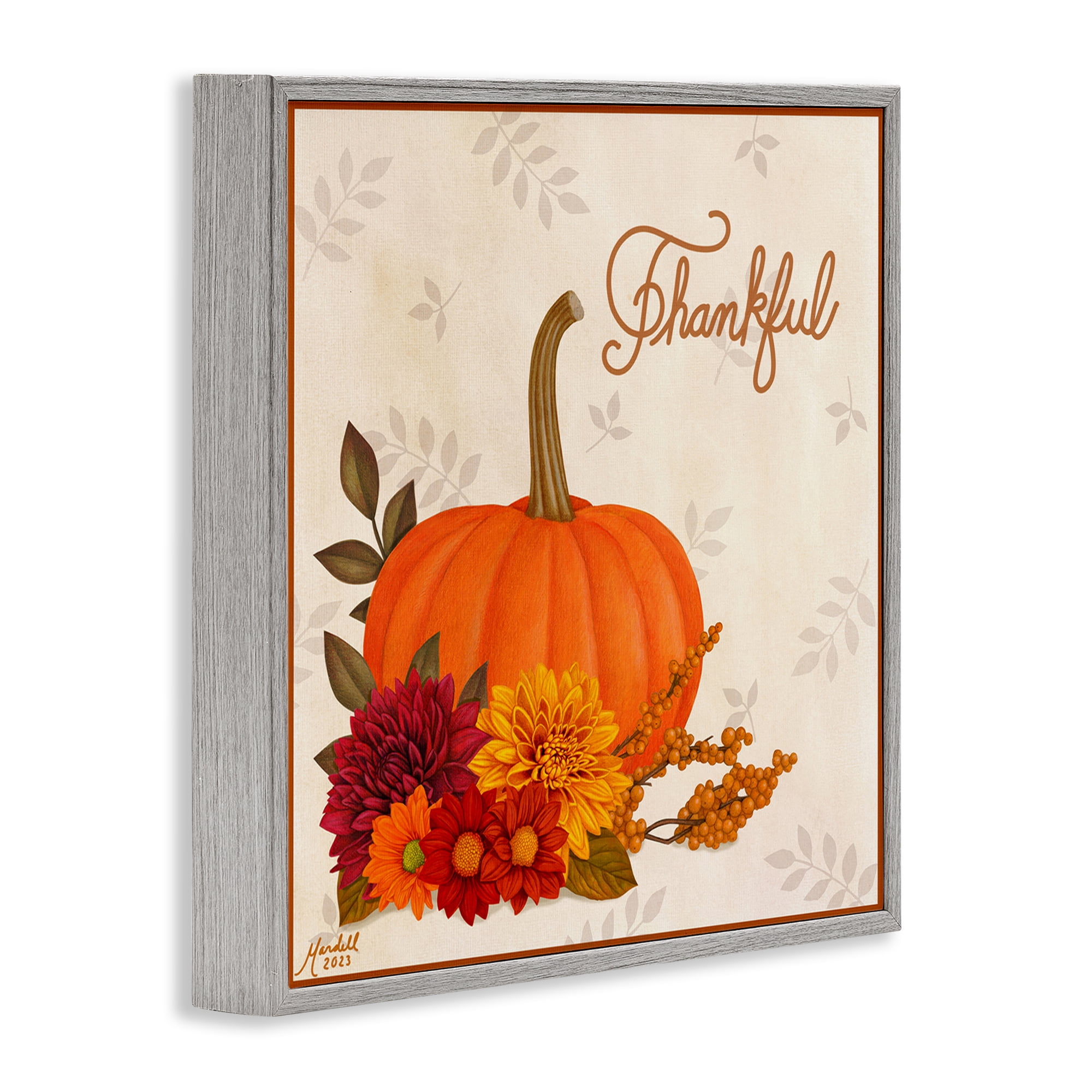 Stupell Industries Thankful Pumpkin & Florals Holiday Painting Gray Framed Art Prints Wall Art, 17 x 17
