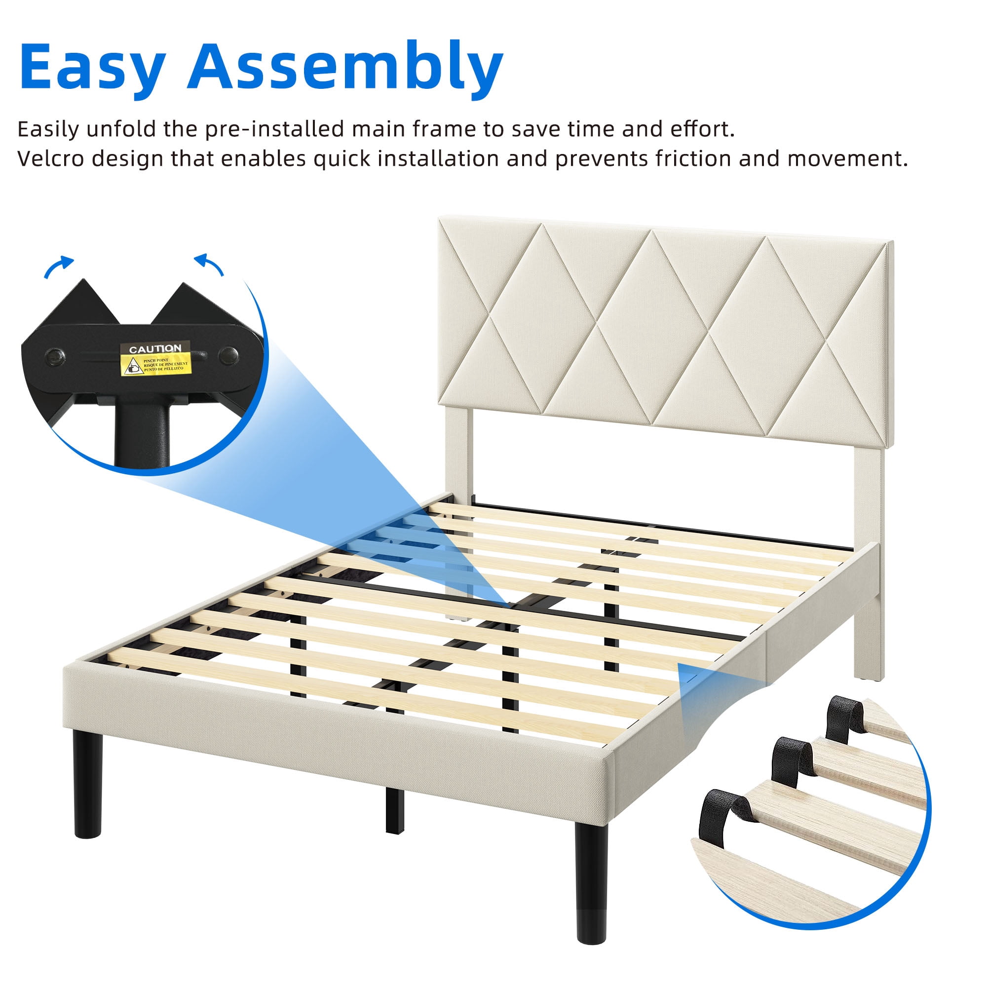 DEXTRUS Full Size Upholstered Bed Frame with Adjustable Headboard, Beige