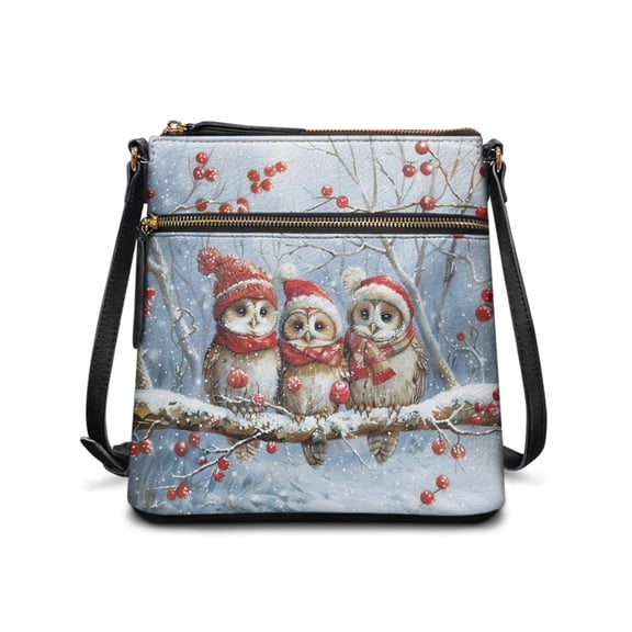 Tutolipy Christmas Owls Print Durable Crossbody Purse for Shopping Work, Multiple Zipper Pockets Smooth Zipper Women's Shoulder Purse Waterproof Satchel Bag