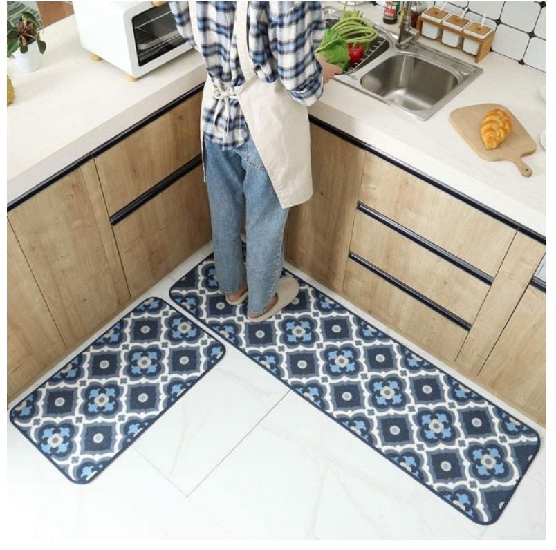 Modern Kitchen Rug Washable Kitchen Rug for Kitchen, Classic Zigzag Geometric Pattern Style Blue