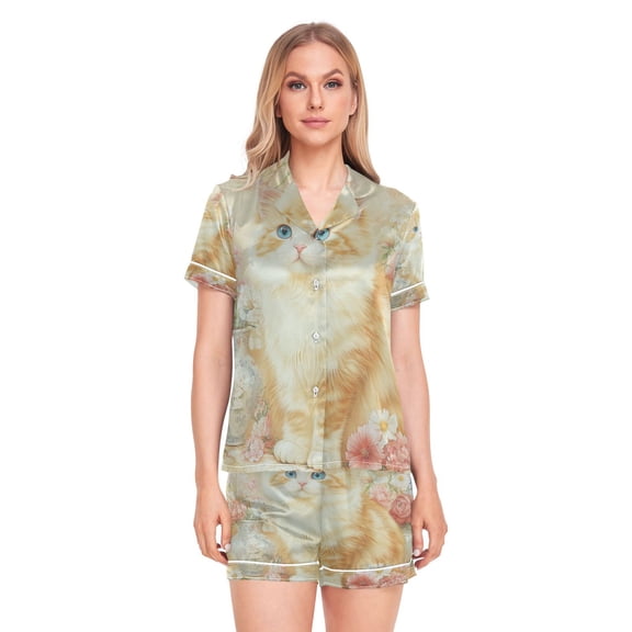 Women Silk Pajama Sets Causal Outings Fashion Curious Cat Among Petals Pattern Home