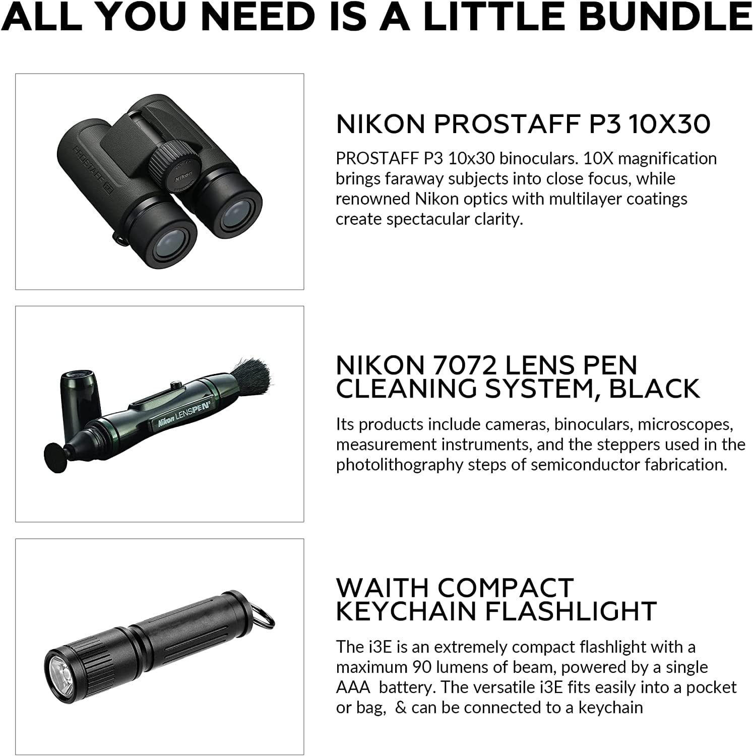 Nikon PROSTAFF P3 10x30 Binoculars With Lens Pen, & Flashlight Kit
