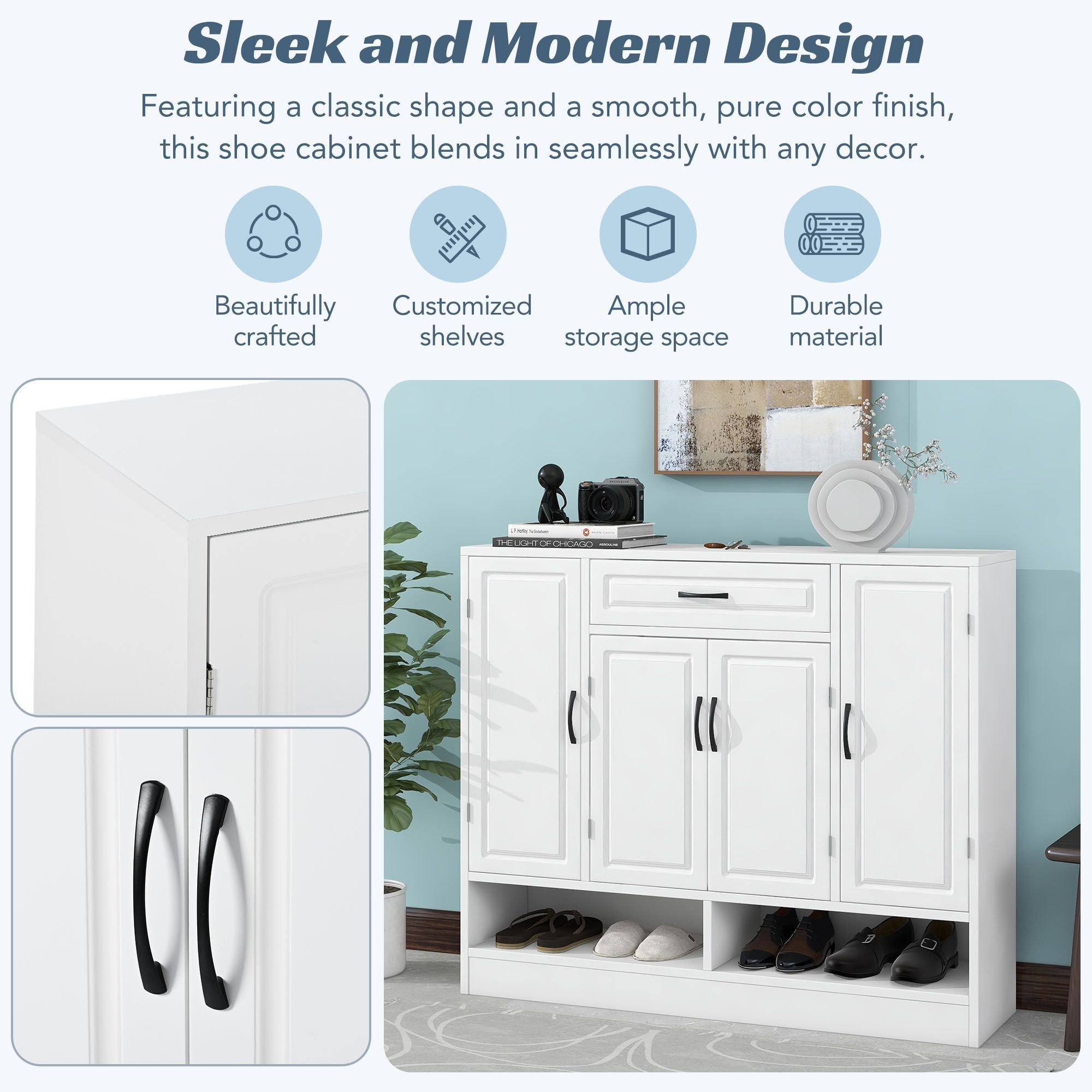 DEALTOPS Modern Minimalist Shoe Cabinet with Ample Storage Space and Adjustable Shelves, Freestanding Wooden Shoe Rack for Entryway - White
