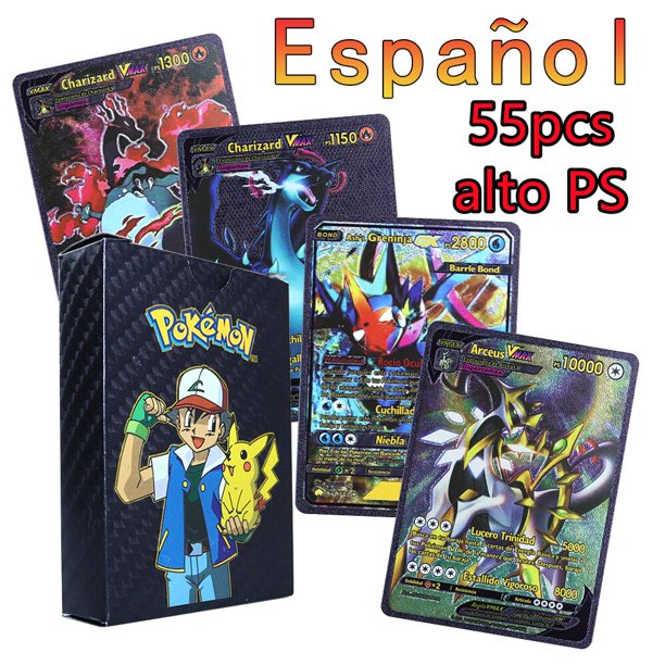 Cartas coloridas Pokémon genuinas, juego de cartas de aluminio dorado, Pikachu, Charizard, Mewtwo, inglés, español, francés, alemán, coreano, 55 piezas Fivean unisex