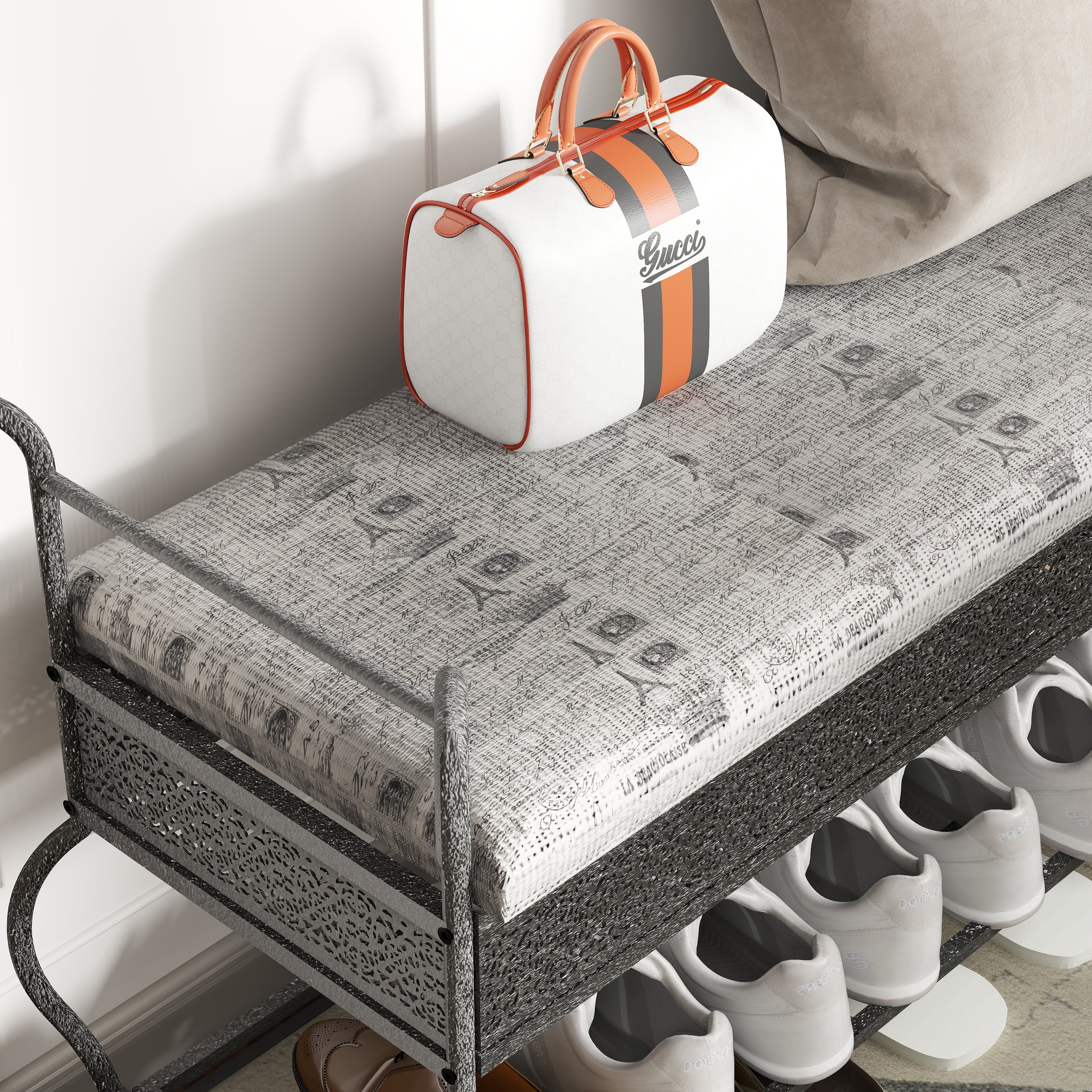 Mintazer 46" Rustic Shoe Bench with Cushioned Seat & Storage, Shoe Rack for Hallway & Entryway