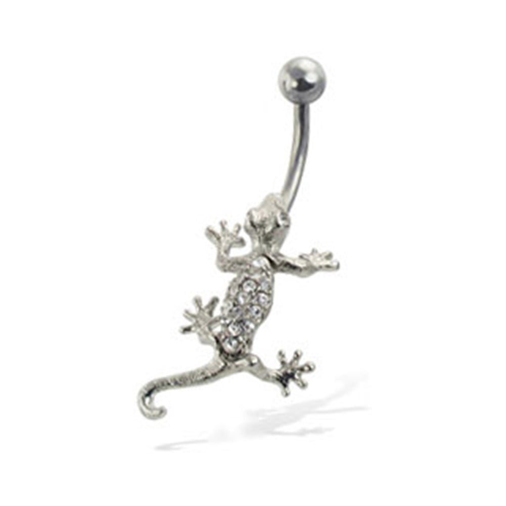 Navel Ring With Dangling Jeweled Lizard