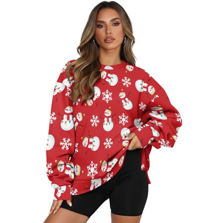 SCRAWLGOD Christmas Snowman Snowflake Red Womens Long Sleeve Shirts with Pockets Comfy Fashionable Clothes Fall Casual Crewneck Drop Shoulder Pullover Sweatshirts XL