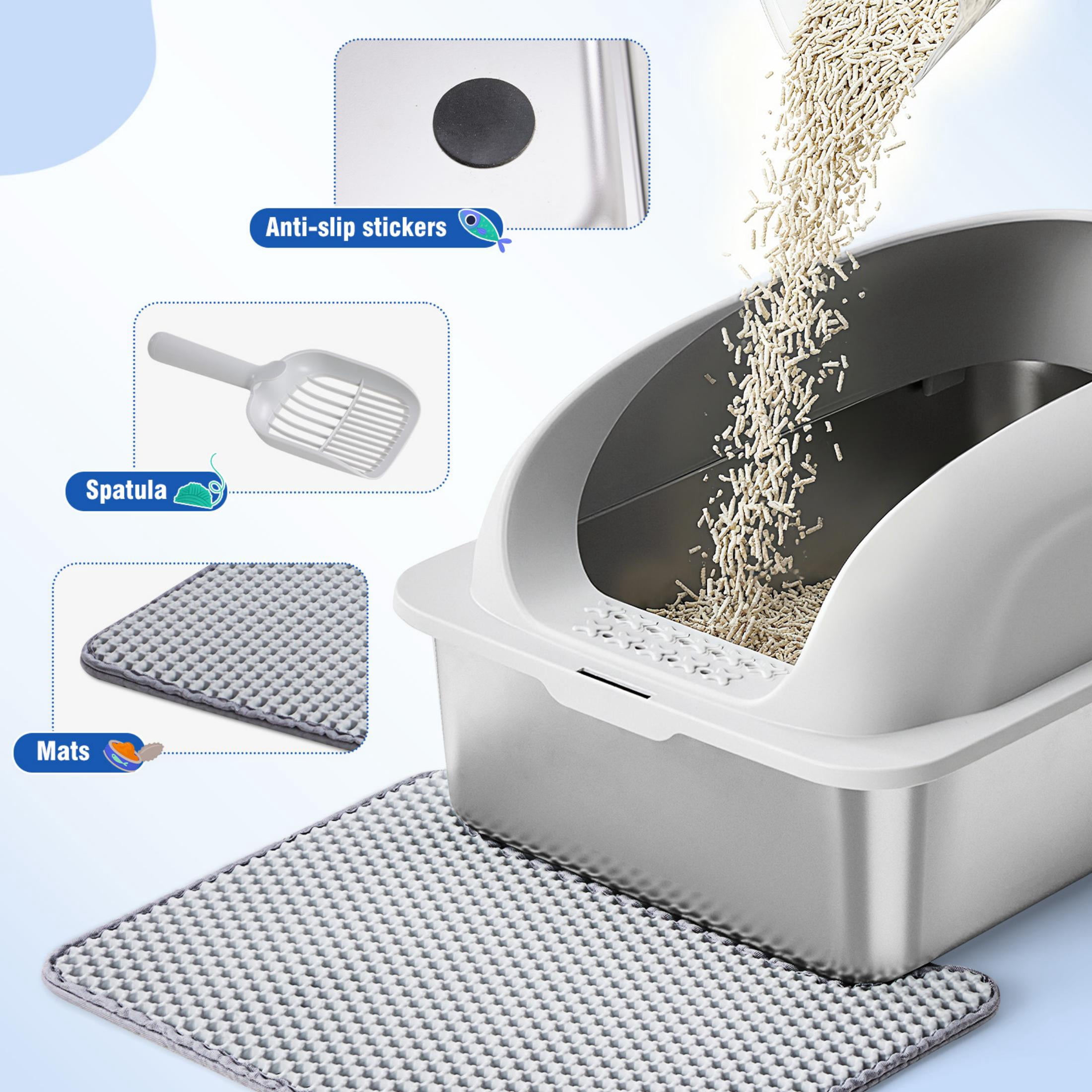 EDX Stainless Steel Cat Litter Box with Lid, XL Extra Large Cat Litter Box for Big Cats, High Wall Sides, Never Absorbs Odors, Anti-Urine Leakage, Easy Cleaning, Scoop and Mat Included, Light Grey