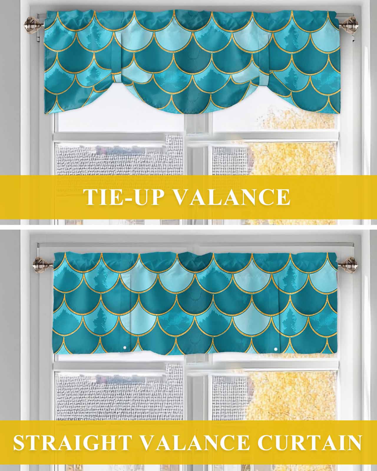 Turquoise Fish Scales Tie Up Valances Curtain, Adjustable Kitchen Ombre Fish Tail Abstract Art Vintage Valances for Windows Decor, Rod Pocket Short Curtains Set for Bedroom/Bathroom, 54"x18"