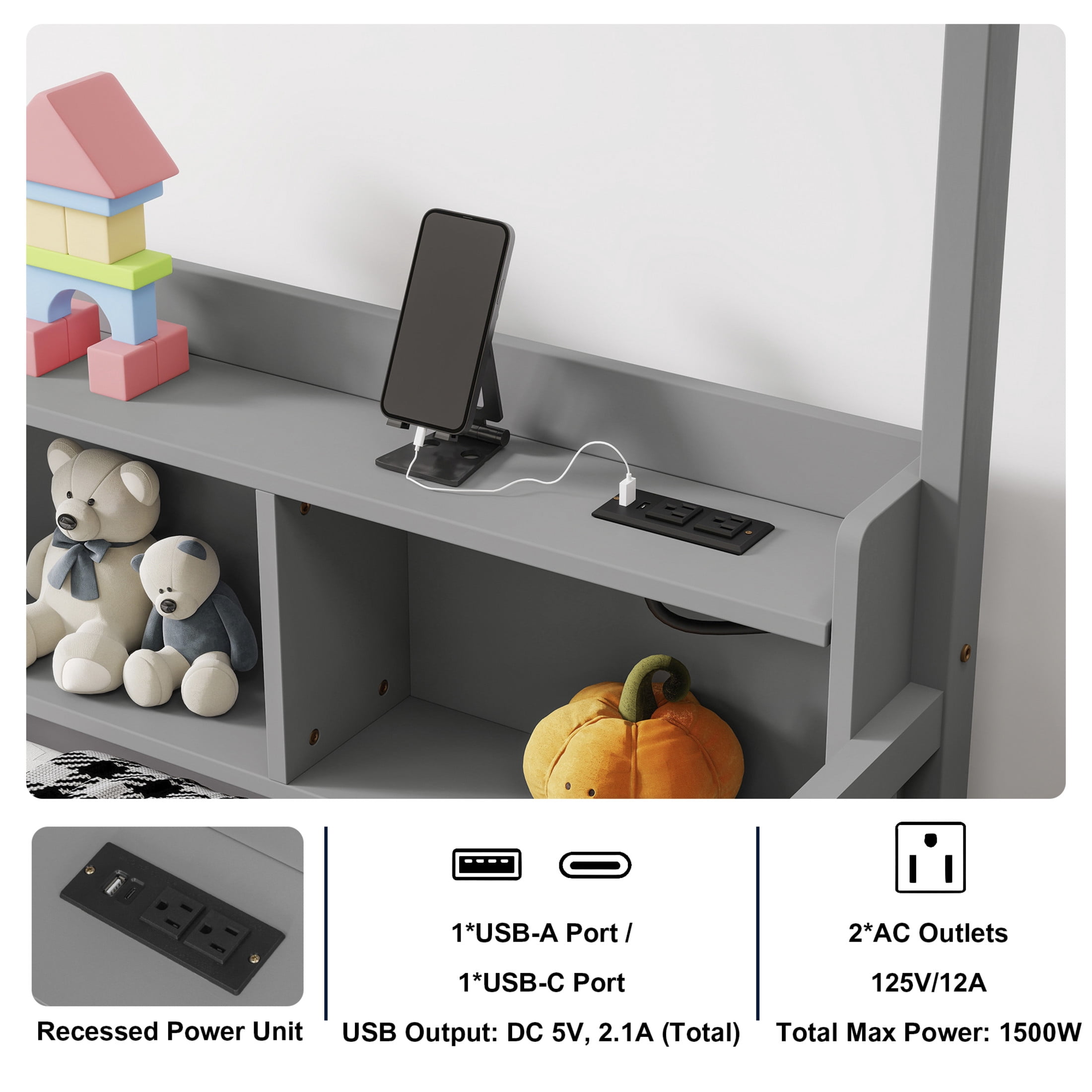 Noble House Norra Full Size Pine Wooden House Floor Bed with Storage Shelves, LED Lights & Charging Station, Grey