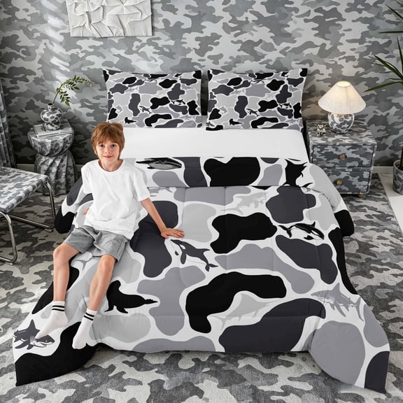 Manfei Camouflage Marine Life Shark Whale Seal Silhouette Queen Comforter Set for Kids Boys and Girls, Gray Bedding Comforter Set, Gray Reversible 3pcs, 1 Comforter and 2 Pillowcases