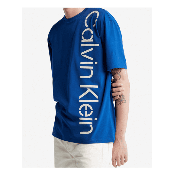 Clavin Klein Men's Relaxed Fit Stencil Logo Crewneck T-Shirt, Dark Sapphire,XS