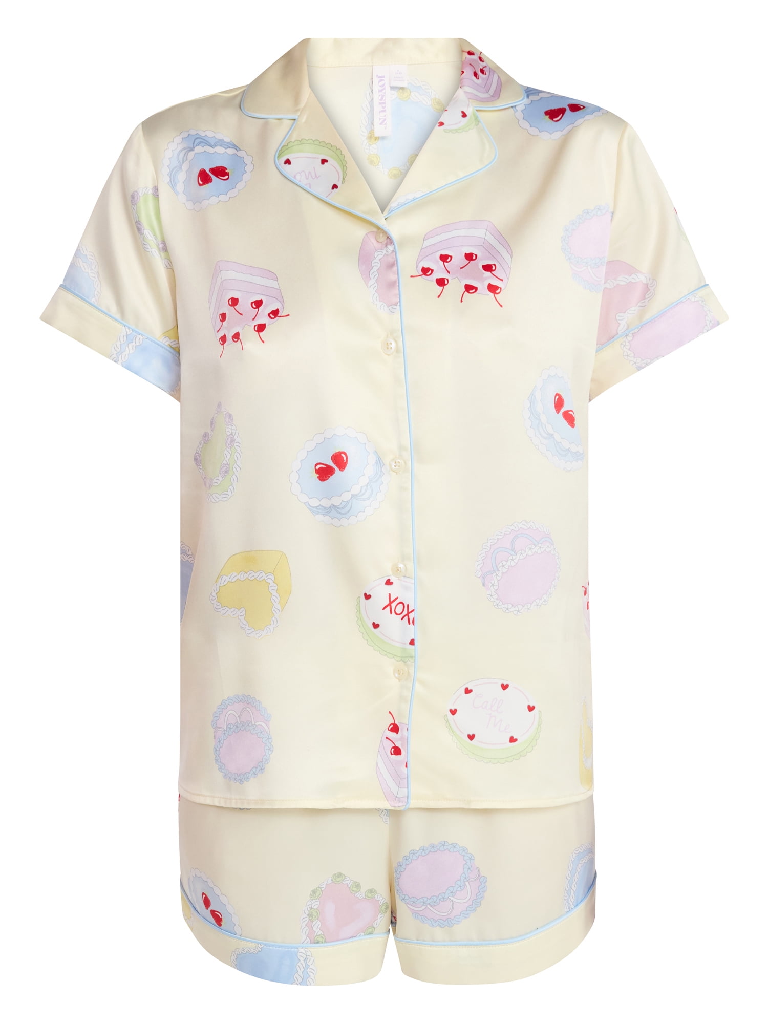 Joyspun Women’s Stretch Satin Short Sleeve Top and Shorts Pajama Set, Sizes XS-3X