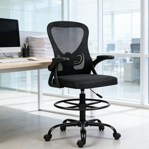 Tall Drafting Chair, Breathable Mesh Office Chair with Flip-up Armrests, Ergonomic Computer Standing Desk Chair with Adjustable Footrest Ring and Lumbar Support, Black$$Office