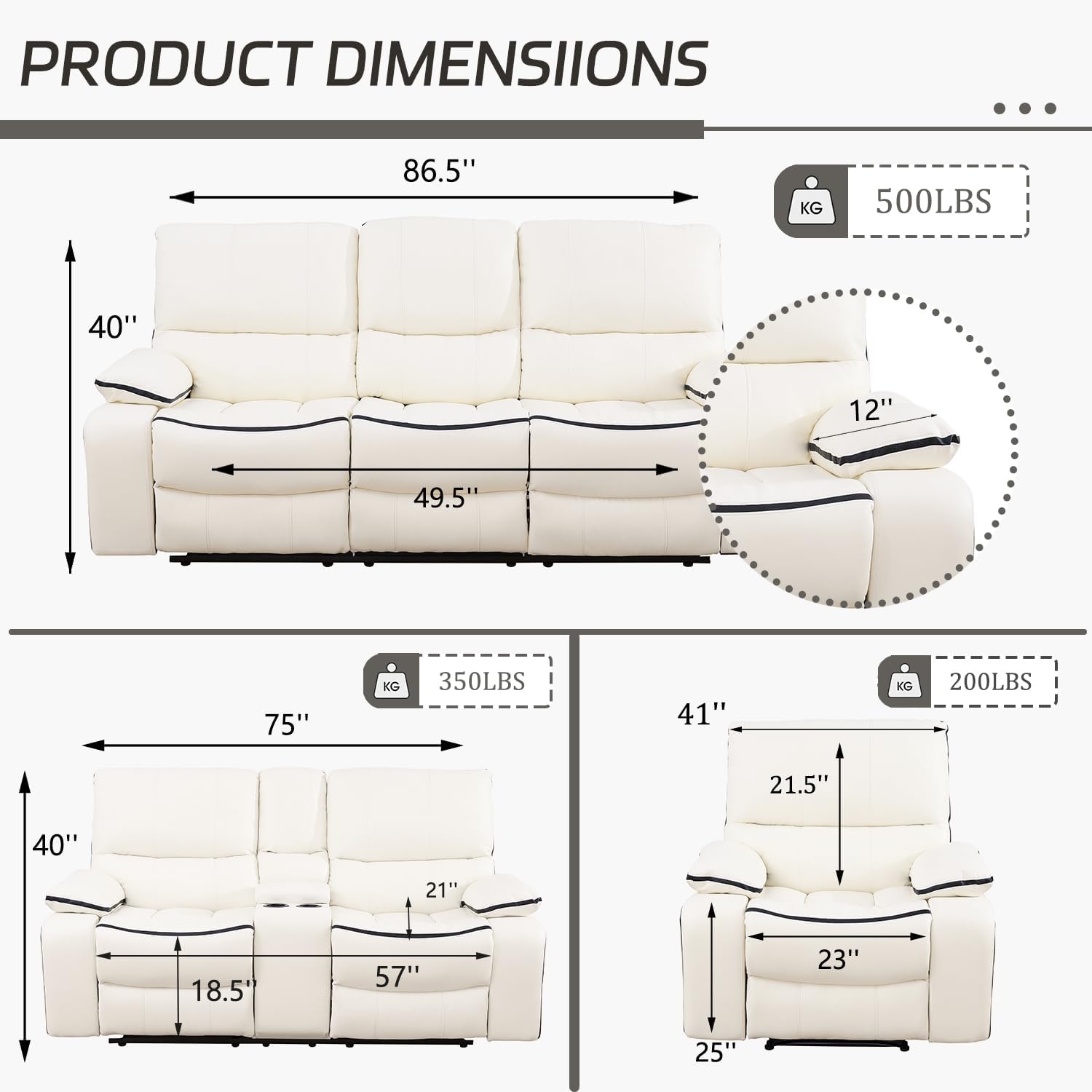 Recliner Sofa Set Bonded Leather, Living Room Furniture Set,Leather Sofa Set Reclining Sofa Manual Recliner Couch (Sofa+Loveseat+Chair,Cream White)