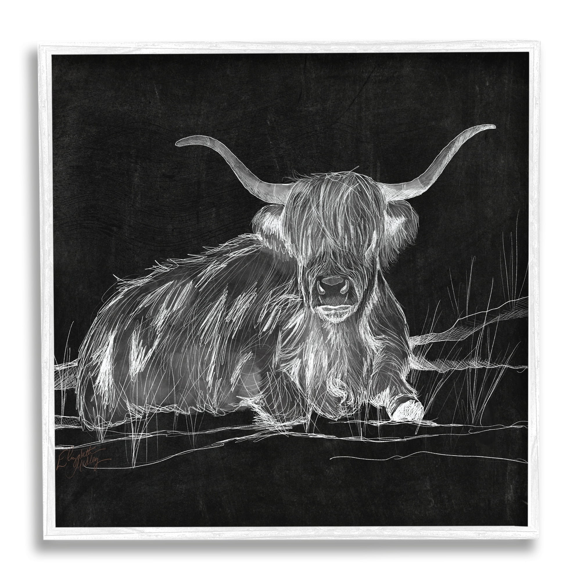 Stupell Industries Contemporary Highland Cattle Laying Negative Drawing Graphic Art White Framed Art Print Wall Art, Design by Elizabeth Medley