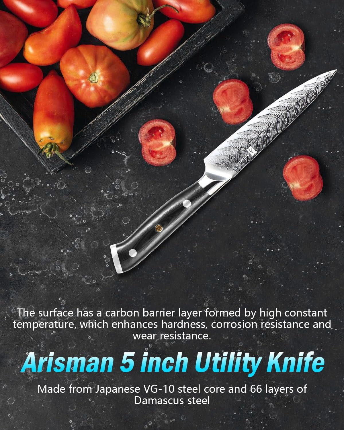 5 Inch Utility Knife, Japanese Damascus Steel Paring Knife, Sharp VG10 Fruit Slicing Knife, Small Kitchen Knife With Full Tang Ergonomic G10 Handle