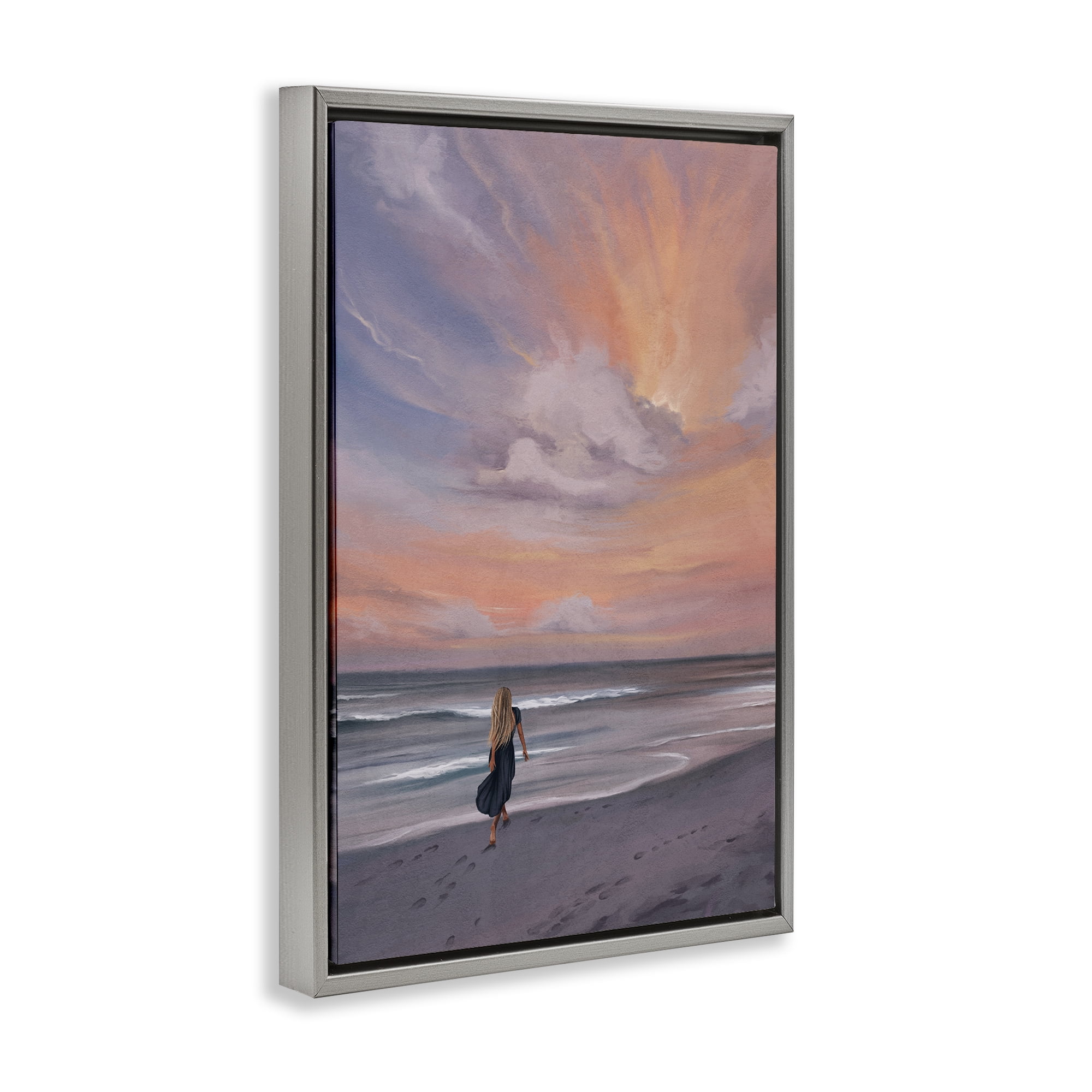 Stupell Industries Sunset Beach Walk Nautical & Beach Painting Gray Floater Framed Canvas Art Print Wall Art, 21 x 31