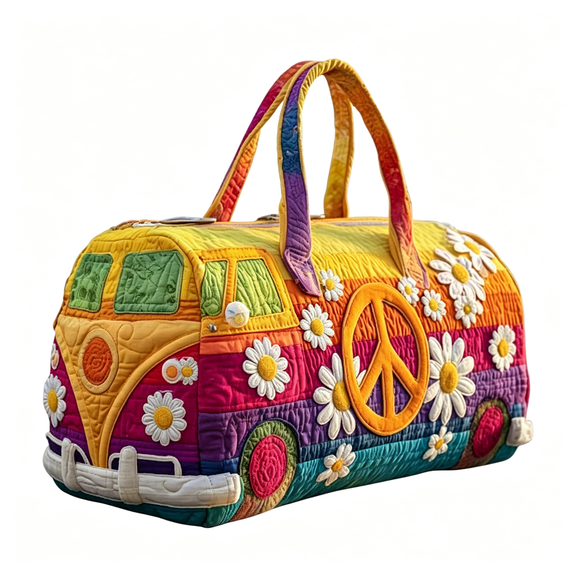 CCOCC Retro Van Shape Quilted Duffle Printed Bag,Colorful Hippie Peace Sign,Wild Design,Travel Weekender Tote Bag,Unique Hippie Van Quilted Duffle Bag