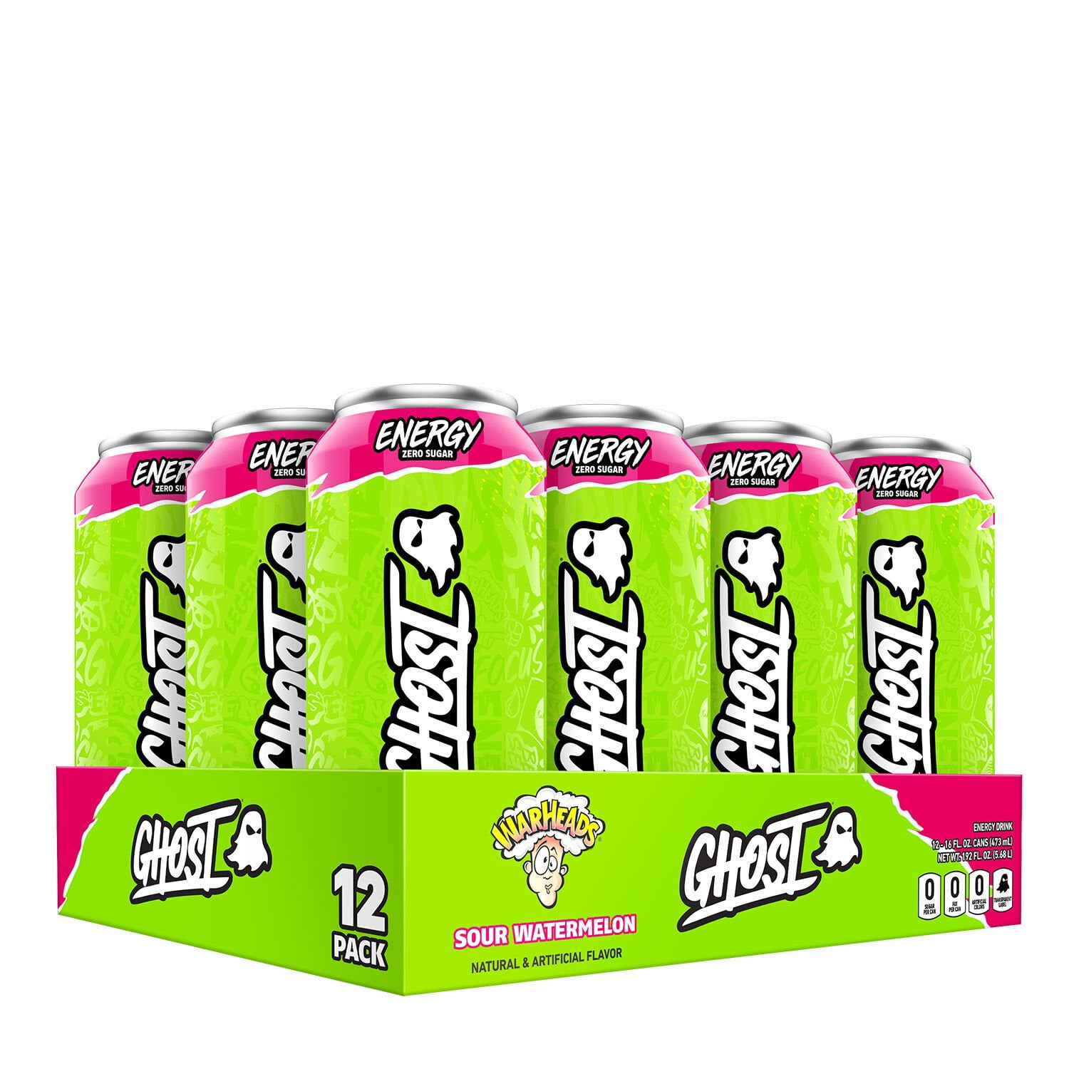 Ghost Energy Ready to Drink 16 Ounce Cans Warheads Sour Watermelon, 12